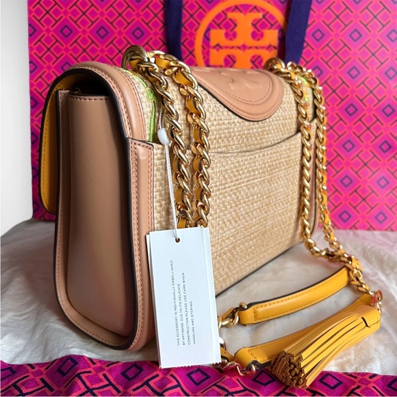 NWT Tory Burch Fleming in Napa Leather and Straw with embroidered floral detail - Picture 4 of 15
